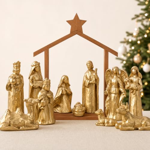 Gold 12-Piece Nativity Scene Set with Stable - Religious Christmas Decoration