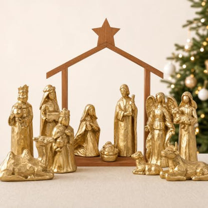 Gold 12-Piece Nativity Scene Set with Stable - Religious Christmas Decoration