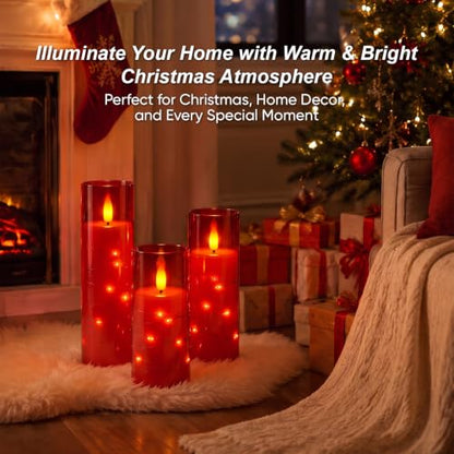 3pcs Red Flameless Battery-Operated Pillar Candles with Remote Timer