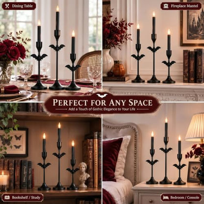 Halloween Bat Candle Holders Set - Black Taper Candle Holders with 3 Sizes - Bat Variation