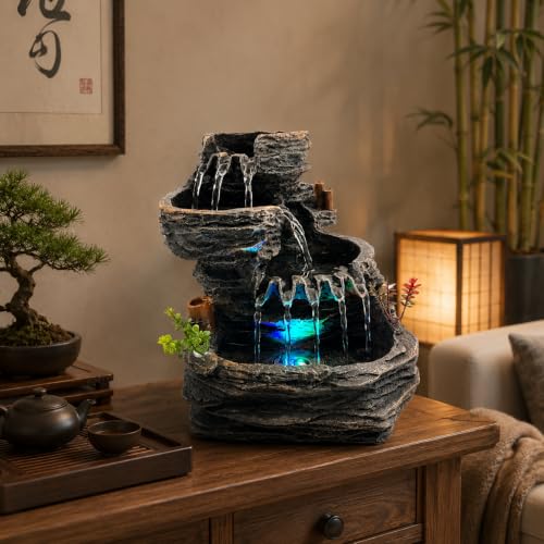 Indoor Tabletop Water Fountain with LED Light - 9.25 Inch Cascading Rock - Feng Shui Zen Decor