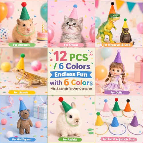 12 Pcs Mini Party Hats for Stuffed Animals Cake Toppers Tiny Birthday Decor