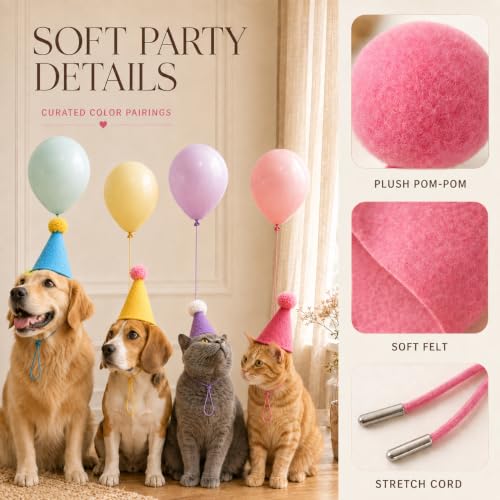 Mini Party Hats with Balloons for Stuffed Animals - Felt Pom Poms, 12" Latex