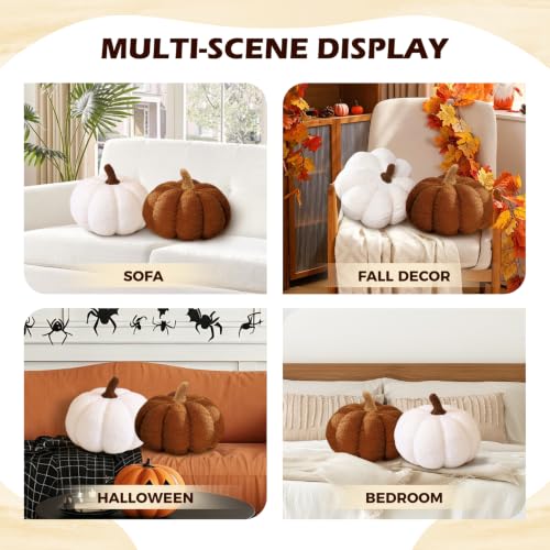 Pumpkin Shaped Throw Pillows Set of 2 - White and Brown Thanksgiving Decor