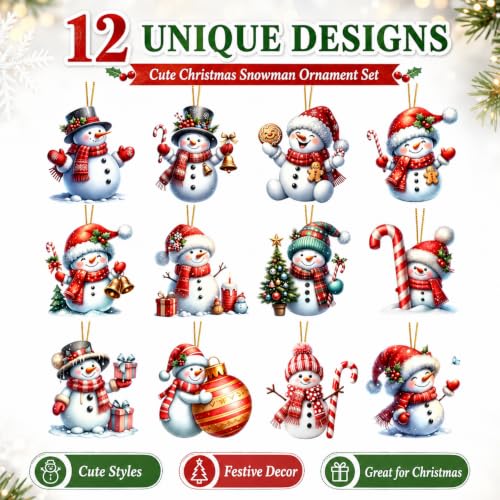 Christmas Snowman Hanging Ornaments Set - Style 2, 12Pcs Acrylic Holiday Decor