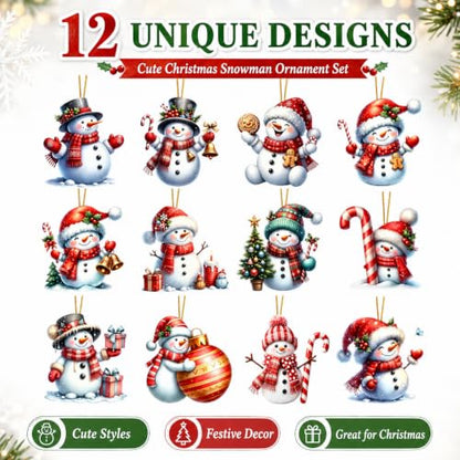 Christmas Snowman Hanging Ornaments Set - Style 2, 12Pcs Acrylic Holiday Decor
