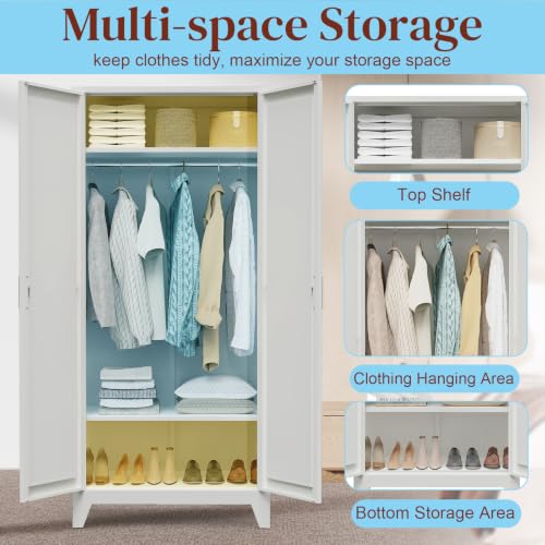 75-Inch Tall Metal Wardrobe Armoire with Hanging Rod & Adjustable Shelves