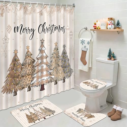 Christmas Shower Curtain Set with Non-Slip Rugs Bathroom Decor 4 Pieces