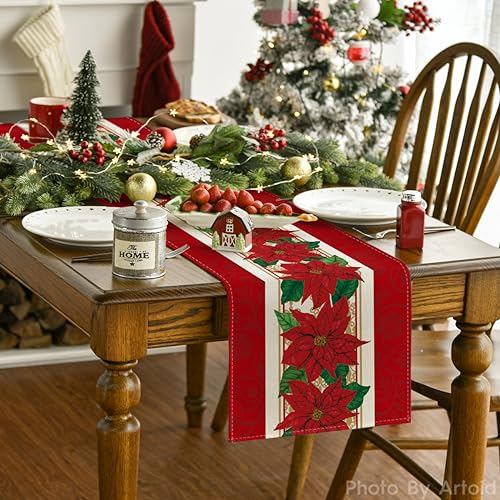Poinsettia Xmas Table Runner 13x72 Inch - Red Holiday Home Decor