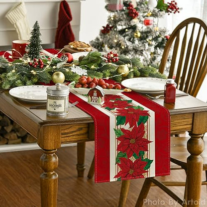 Poinsettia Xmas Table Runner 13x72 Inch - Red Holiday Home Decor
