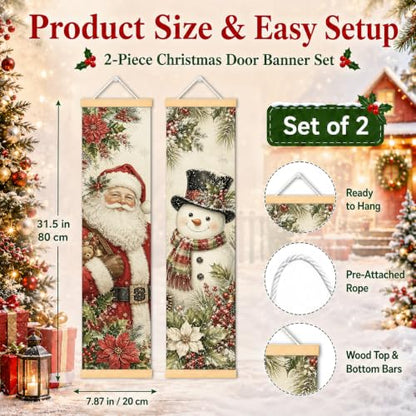 Christmas Porch Banner Set of 2 - Santa Snowman Holiday Door Decor - 31.5x7.8 Inches - Festive Canvas Wall Hangings - Easy Hang Seasonal Decor - Family & Party Gift