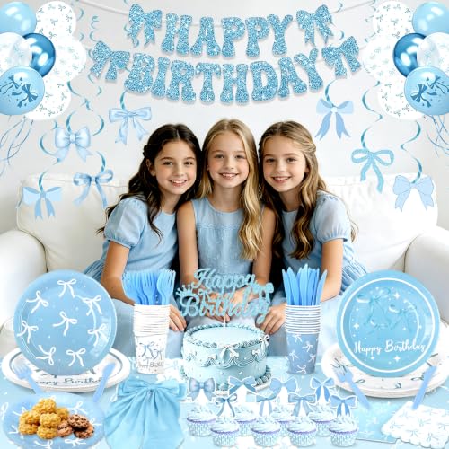 Blue Bow Birthday Decorations Set - Party Supplies for Girl's Party