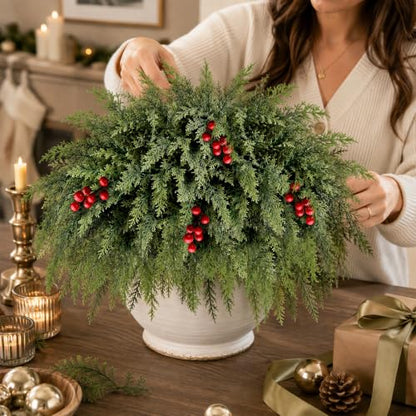 20Pcs Christmas Cedar Branches with Berries - 18 Inch Lifelike Touch Faux Greenery