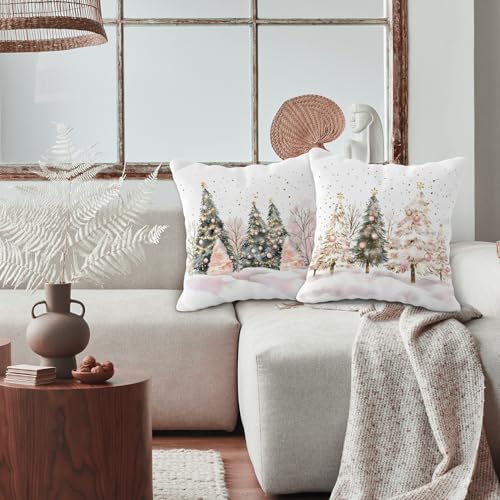Christmas Tree Pillow Covers Set of 2 - Pink and Gold Holiday Decor 18x18 Inches