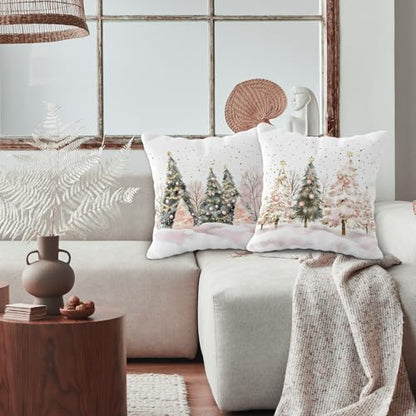 Christmas Tree Pillow Covers Set of 2 - Pink and Gold Holiday Decor 18x18 Inches