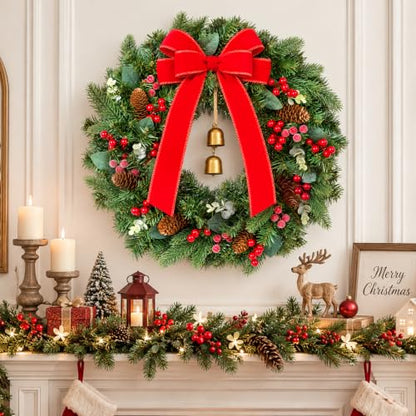 Green 20-Inch Christmas Wreaths with Red Bow & Bells - 2 Pack, Real Touch Pine