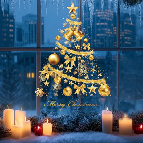Christmas Window Clings - Golden Christmas Tree Wall Stickers, 2 Sheets, Holiday Decor