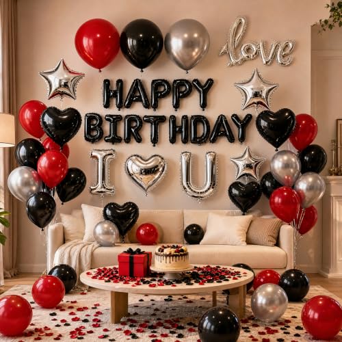 Red Black Silver Birthday Balloons Kit Happy Birthday Decoration - Black & Red