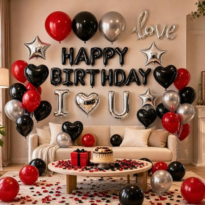 Red Black Silver Birthday Balloons Kit Happy Birthday Decoration - Black & Red