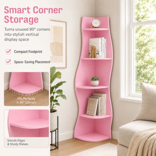 Pink 5-Tier Wavy Corner Shelf for Small Spaces - Curvy Wall Organizer