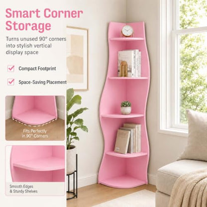 Pink 5-Tier Wavy Corner Shelf for Small Spaces - Curvy Wall Organizer