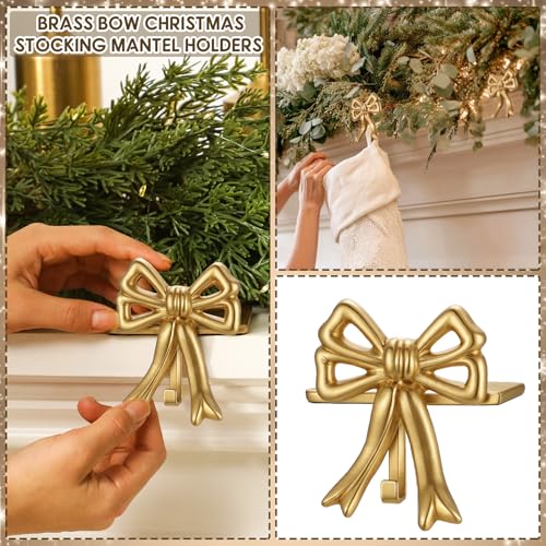 Christmas Stocking Holder Set - Double Gold Bow Cast Iron, 2 Pcs