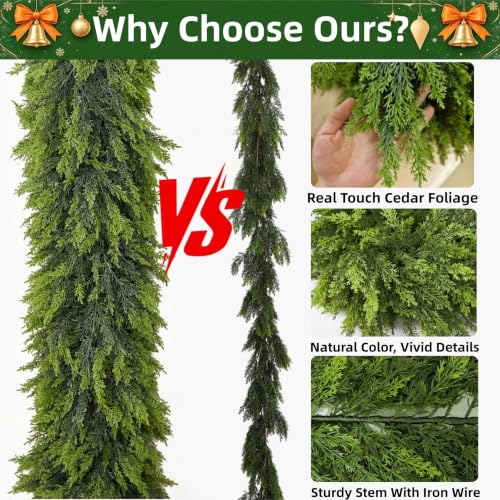 8.9Ft Real Touch Cedar Garland - Artificial Pine Greenery for Christmas Decorations