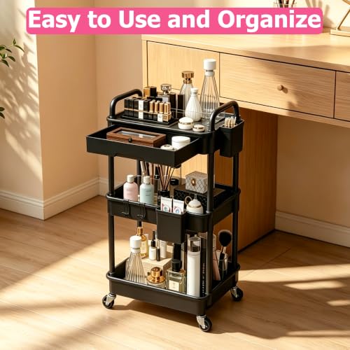 Black 3-Tier Rolling Makeup Cart with Drawer and Side Cups