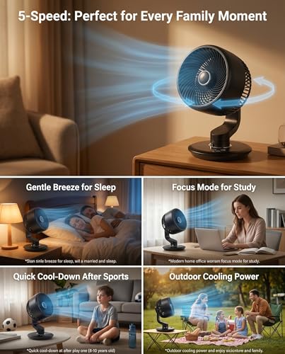 Black Desk Fan for Bedroom Air Circulator, Battery Powered Cordless Fan