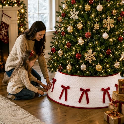28-Inch Quilted Christmas Tree Collar with Velvet Bow - Tree Stand Cover