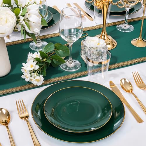 Disposable Dinner Plates 10.25 Inch Green & Gold Plastic Set 100PCS - Elegant & Durable