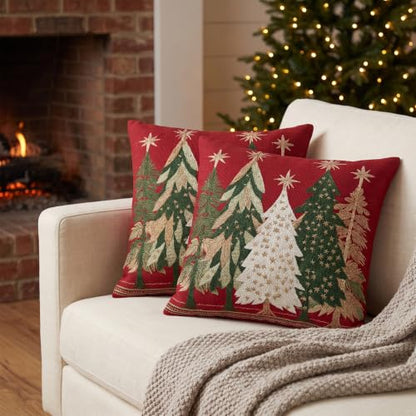 Christmas Pillow Covers 18x18 Set of 2 - Red Gold Green Tree Print