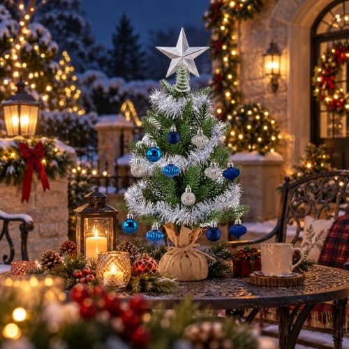 Blue Mini Christmas Tree Set - 2 Ft Tabletop Holiday Decor & Ornaments