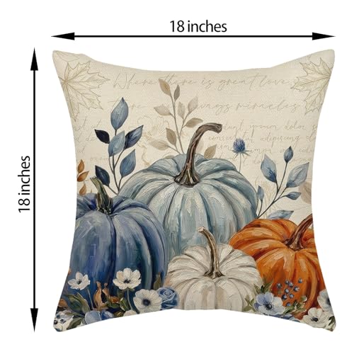 Watercolor Fall Pumpkin Pillow Covers 18x18 Set of 2 Orange Blue White Linen