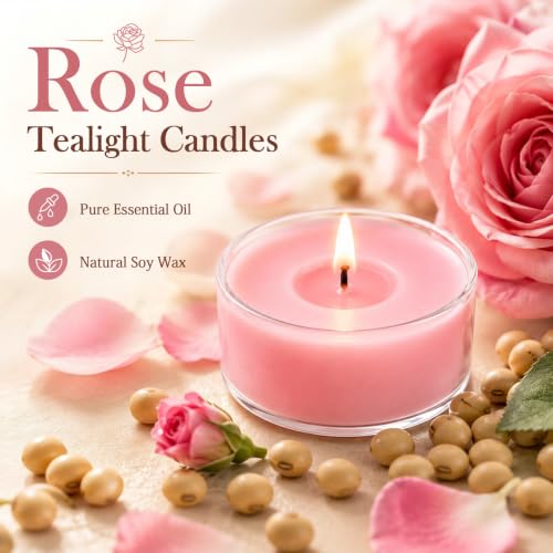 Pink Rose Scented Tea Light Candles 50 Pack Natural Soy Wax