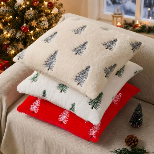 Christmas Pillow Covers 20x20 Set of 2 Blue Xmas Tree Decor Beige - Handmade