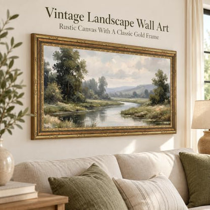 Large Framed Rustic River Landscape Wall Art - Vintage Countryside Scene, 20x40in - River / Framed / 20"L x 40"W