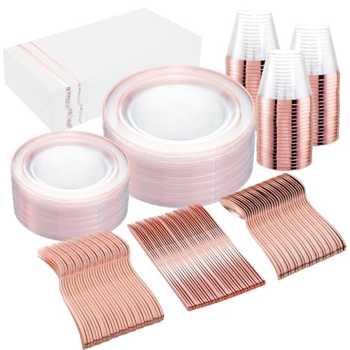 50 Guest Rose Gold Plastic Dinnerware Set for Weddings & Parties