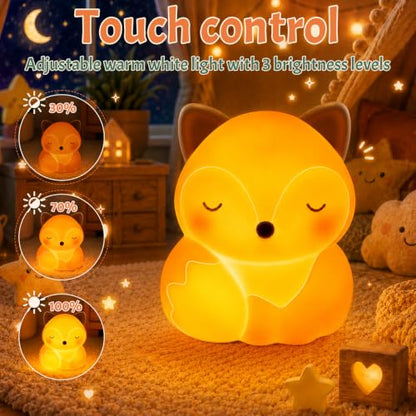 Kids Fox Night Light - Squishy Silicone Bedside Lamp for Nursery & Toddler