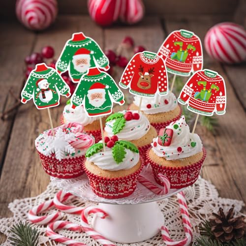 Ugly Sweater Christmas Cupcake Toppers 40 pcs Holiday Cake Decorations - Variation of Christmas-40pcs
