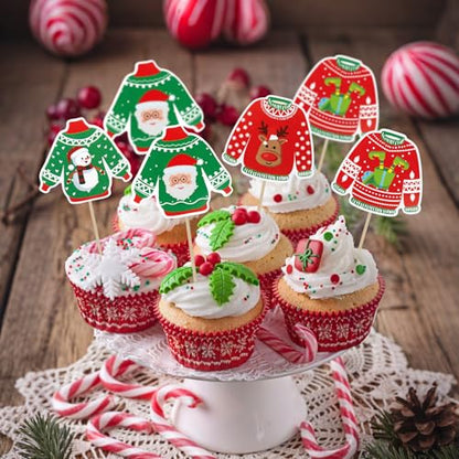 Ugly Sweater Christmas Cupcake Toppers 40 pcs Holiday Cake Decorations - Variation of Christmas-40pcs