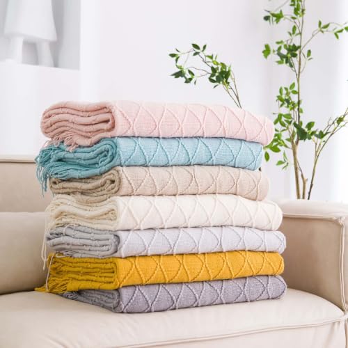 Decorative Bed Runner with Tassels and Diamond Knit Pattern - All Season Waffle Knit Textile 51x67in