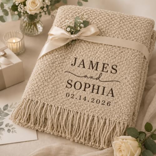 Personalized Wedding Blanket for Couples Custom Names & Date Woven Throw with Fringe