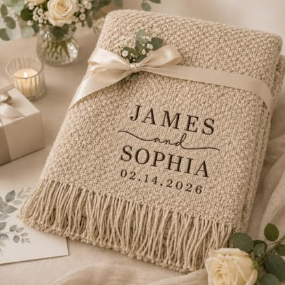 Personalized Wedding Blanket for Couples Custom Names & Date Woven Throw with Fringe