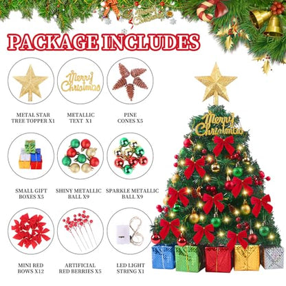 Mini Tabletop Christmas Tree with Lights and Decorations - 23 Inch