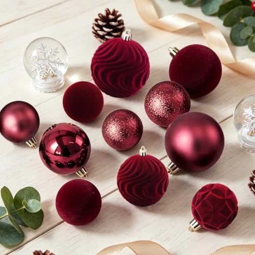 Red Velvet Christmas Ball Ornaments - 40Pcs Shatterproof Holiday Decorations - Medium, 3 Sizes, 7 Styles