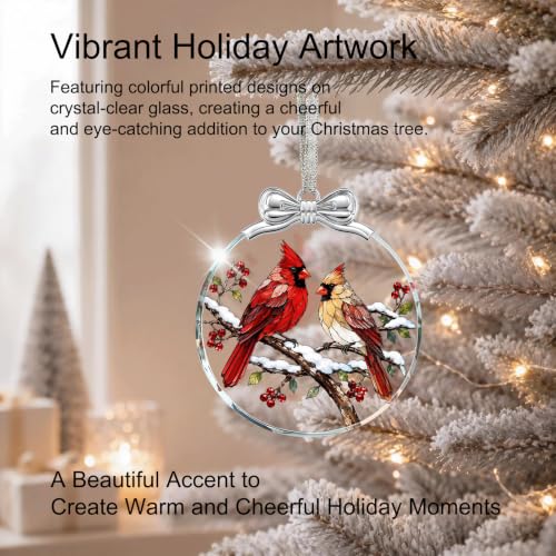 Two Cardinals Bird Christmas Ornament Glass 3 x 3.3 Inches - Holiday Tree Decoration - Variation 01