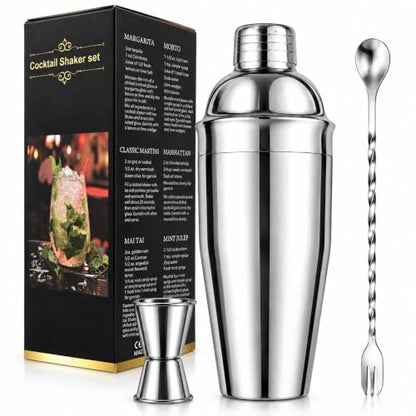 24 oz Stainless Steel Cocktail Shaker Set with Bar Tools & Guide