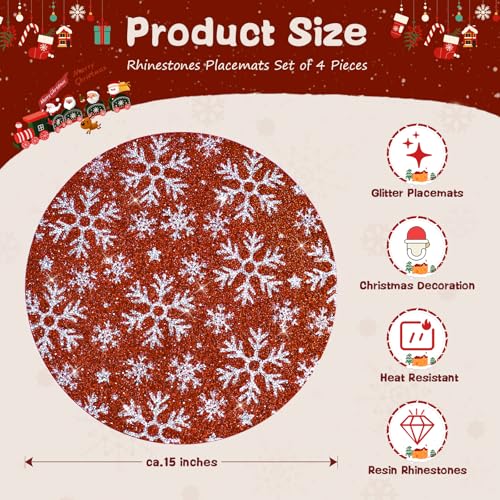 Christmas Rhinestone Placemats Set of 4 - Red Silver Snowflake Variation