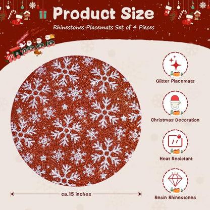 Christmas Rhinestone Placemats Set of 4 - Red Silver Snowflake Variation